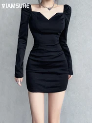 IAMSURE Basic Solid Boducon Dress Sexy Slim Square Collar Long Puff Sleeve Mini Dresses For Women 2021 Elegant Fashion Ladies