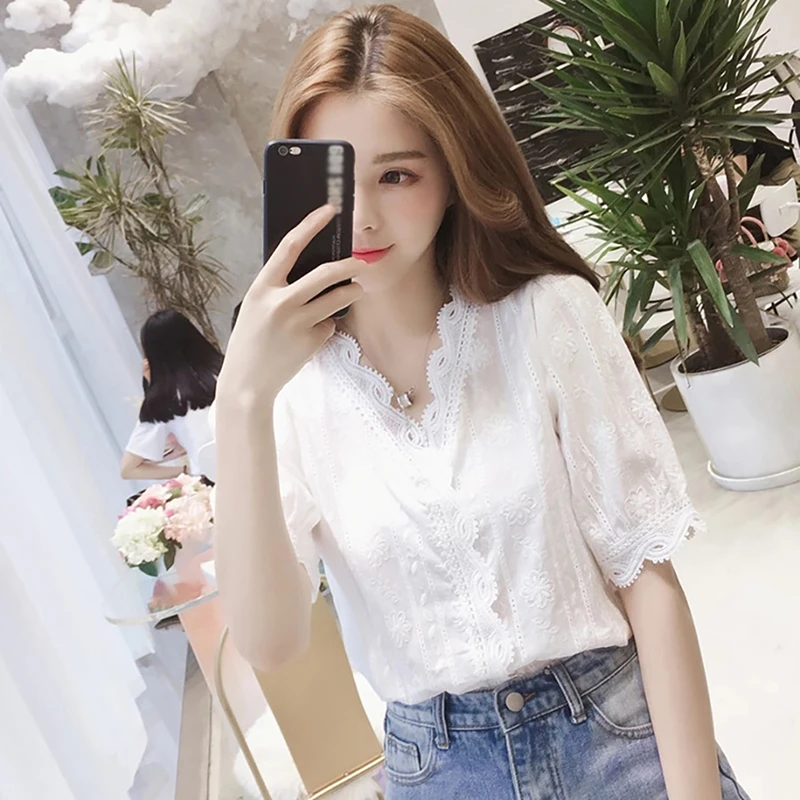Moda Dantel Kesik Dekolte Tatli Beyaz Bluz Kadin V Yaka Casual Bluz Gomlek Yarim Kollu Duz Renk Gomlek Kadin Ustleri Rk Blouses Shirts Aliexpress