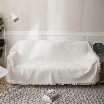 

Pure White Sofa Towel Non-slip Double Sofa Cover Multifunctional Blanket Solid Tassel Thick Knitted Slipcover for Living Room