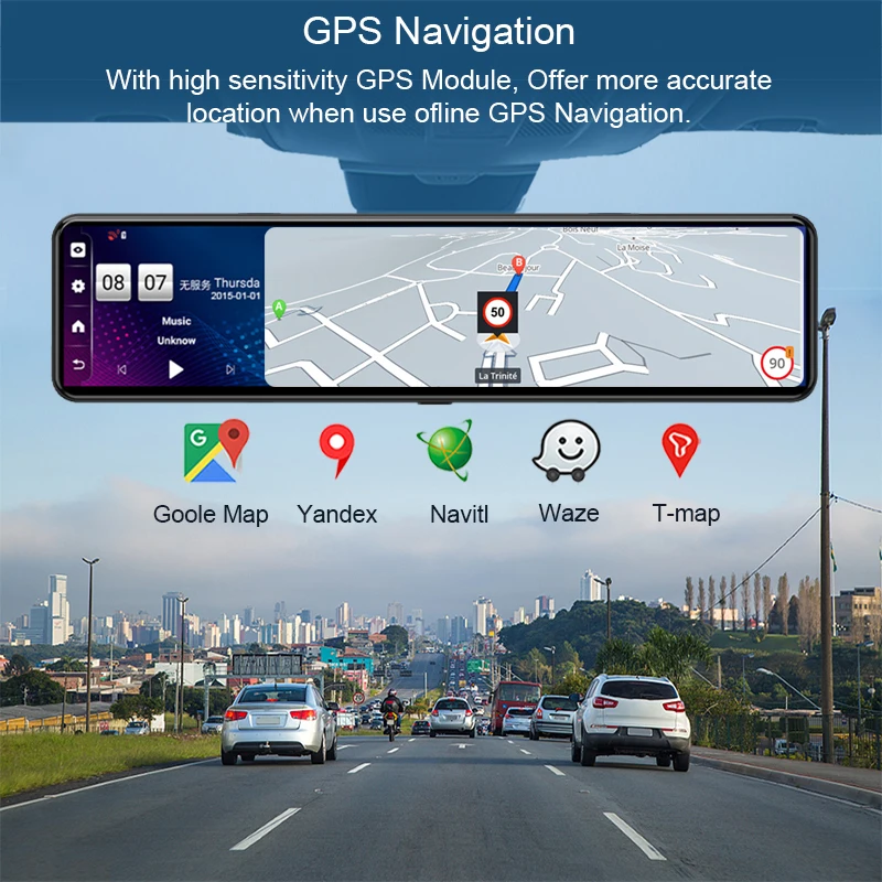 Anfilite 12" Car DVR Rearview Mirror 4G Android 8.1 Dash Cam 1080P Dual Lens Recorder ADAS Rear View Mirror GPS Camera Recorder
