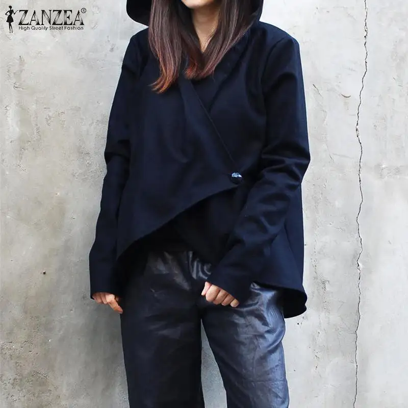 Женские куртки ZANZEA, повседневная двубортная верхняя одежда с капюшоном, модное осеннее пальто, женские Асимметричные толстовки, пальто