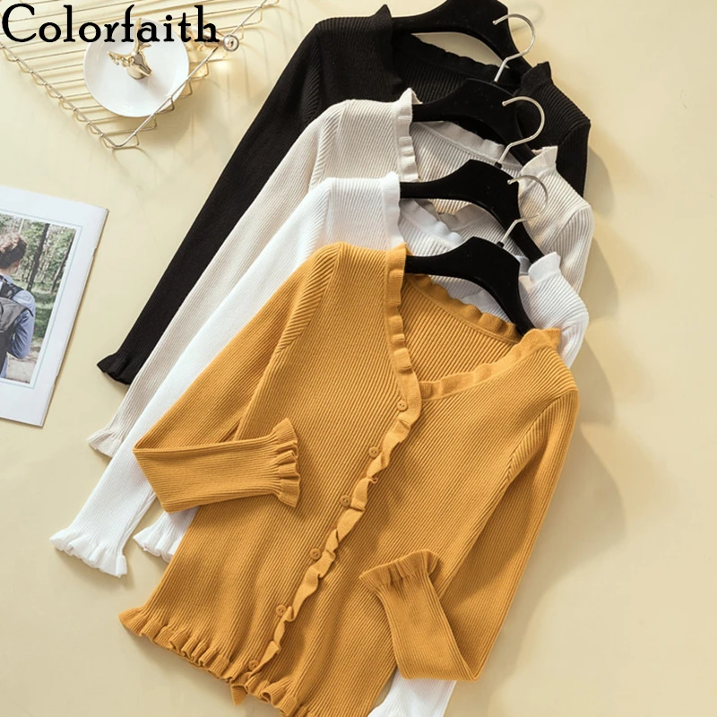

Colorfaith New 2019 Autumn Winter Women's Sweaters Cardigans Ruffles Button Knitting Tops Fashionable Korean Style Ladies SW8871
