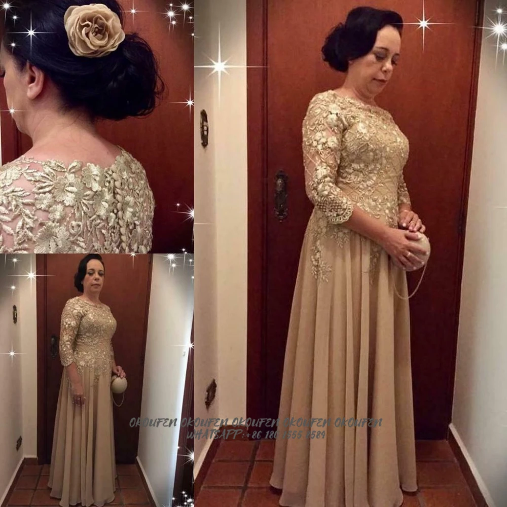 

Long Hot Mother of The Bride Dresses Champagne Lace 3/4 Sleeves Chiffon Buttons Back 2024 Wedding Party Gowns Women Evening Wear