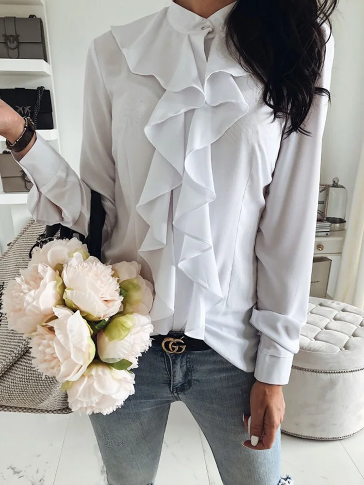  2020 Autumn Women Elegant Fashion Leisure Shirt Female Stylish Blouse Solid Ruffles Design Long Sle