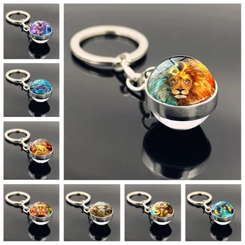 

Animal Pattern Twelve Constellation Charm Pendant Key Ring Time Stone Metal Keychain Double-sided Glass Ball Key Chain Jewelry