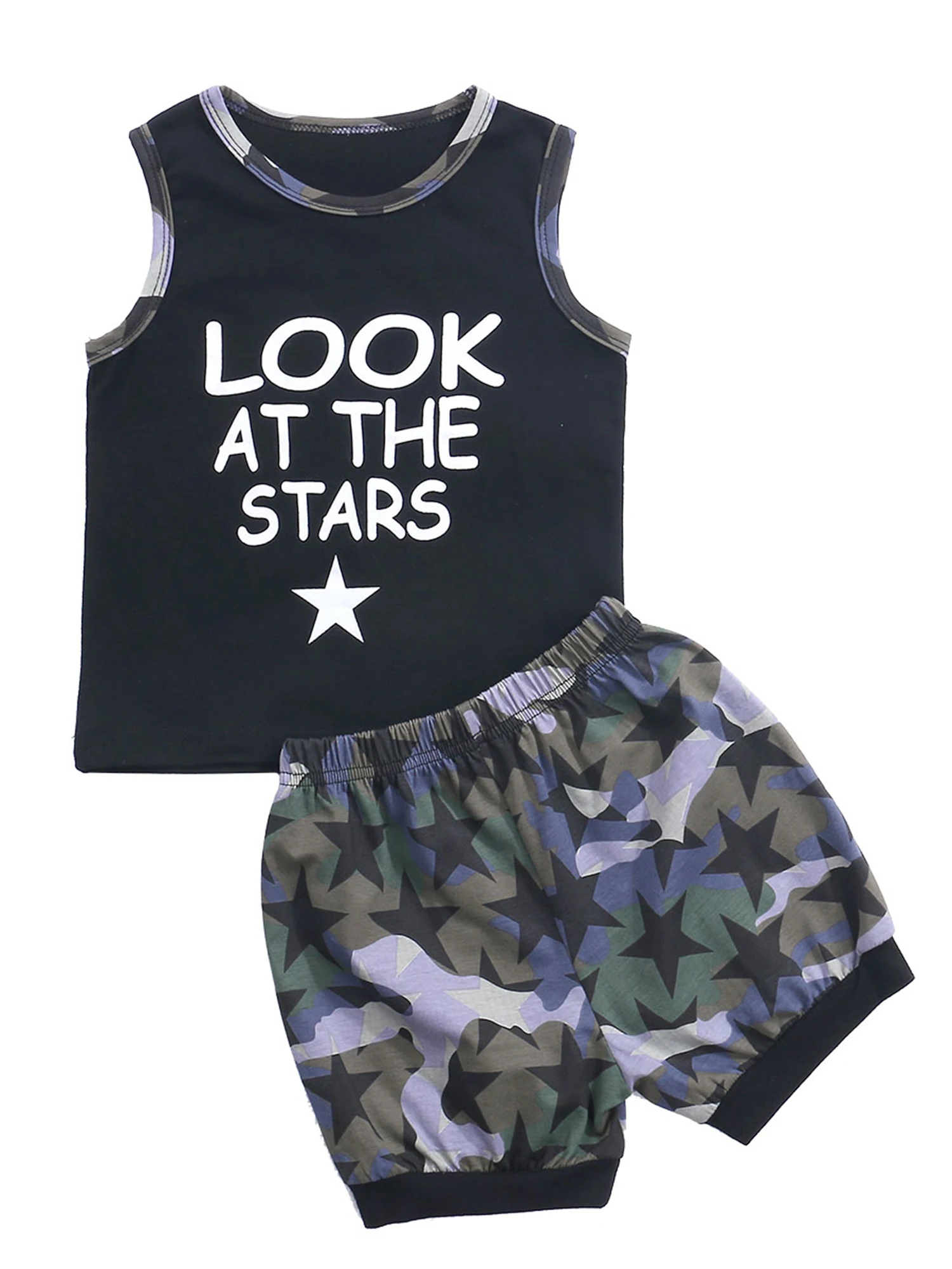 

2Pcs Fashionable Little Boy Outfit Summer Autumn Simple Style Sleeveless Round Collar Letter Top+Star Camouflage Printing Shorts