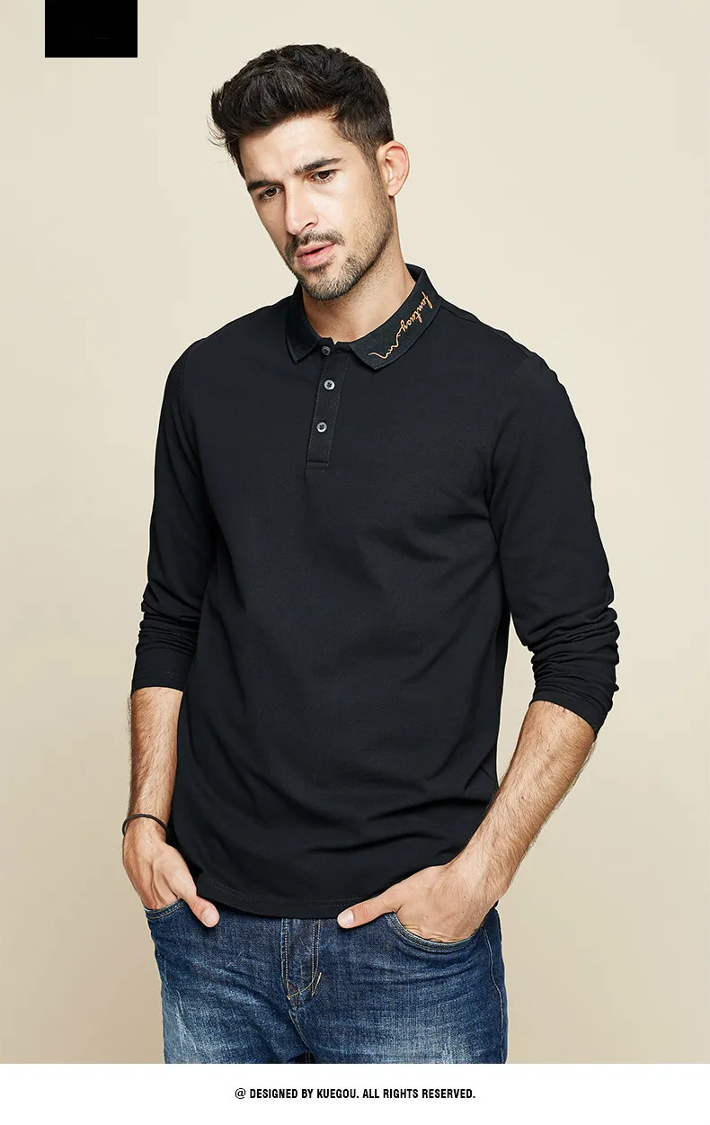 KUEGOU Осенняя хлопковая черная рубашка поло с вышитыми буквами, Мужская Модная приталенная рубашка с длинным рукавом, Мужская одежда, брендовый Топ 3120