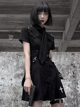  QWEEK Goth Dress Punk Gothic Harajuku Summer Black Mini Dress Shirt Women 2021 Short Sleeve Emo Clothes Mall Goth Dark Academia 