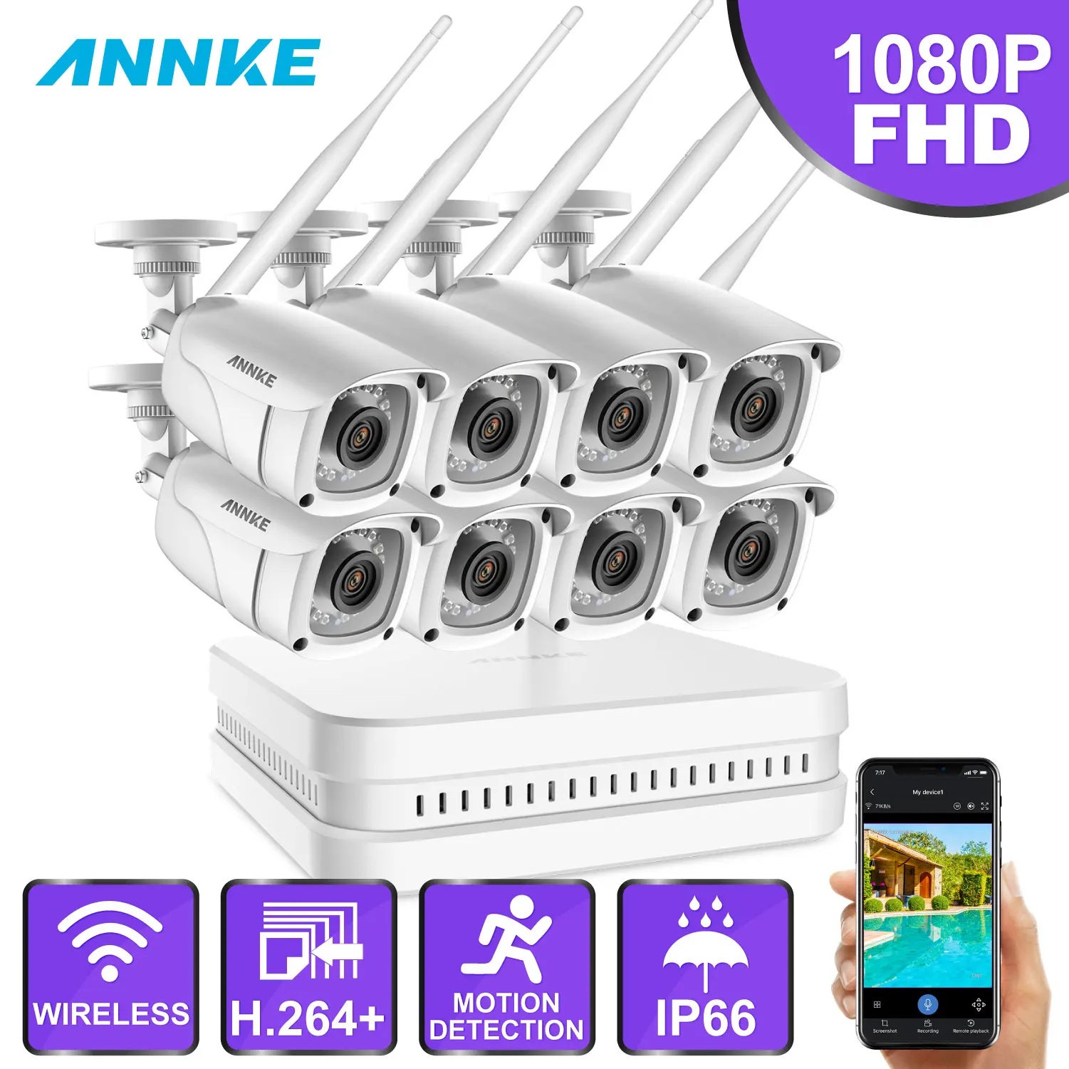 

ANNKE 8CH HD 1080P Wireless NVR Video Security System With 8X 2MP Bullet Weatherproof IP Camera 100ft Night Vision With Smart IR