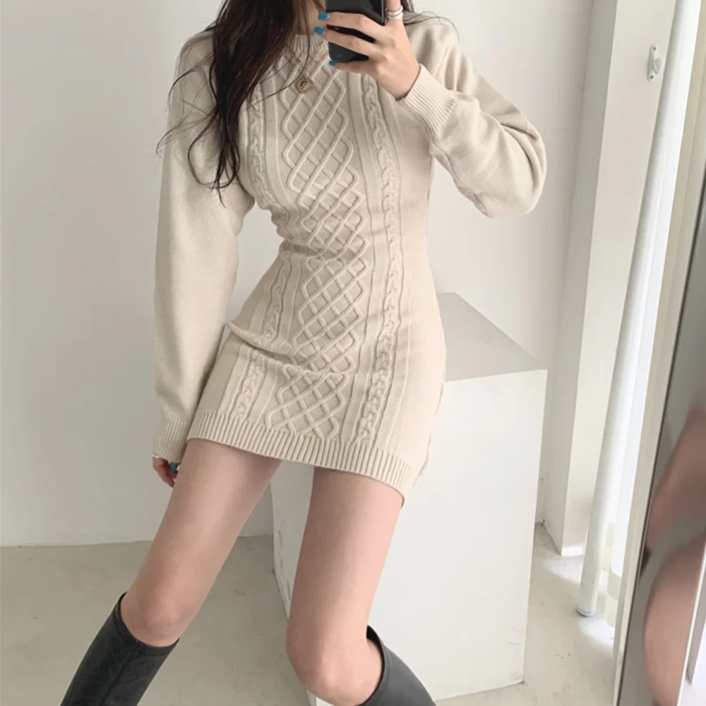 Bodycon Sexy Women Dress Autumn Winter Pullover Female Mini Dress Elegant Long Sleeve Robe Femme Knitted Bottoming Dress Clothes
