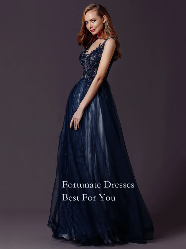 purple prom dress 2022 Elegant Navy Blue Prom Dresses With Peals V Neck Spaghetti Strap Sleeveless Backless Dot Tulle Vestidos Elegante Para Mujer gold prom dress