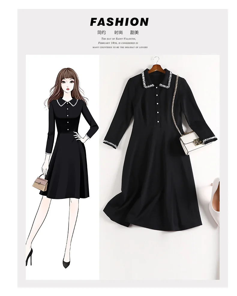 Осеннее женское элегантное лоскутное платье с отложным воротником, французское винтажное платье с рукавом 3/4 размера плюс, платья а-силуэта 4XL 5XL y499
