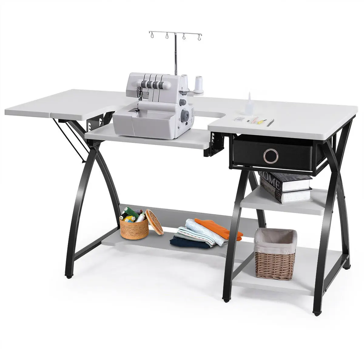 

Costway Sewing Craft Table Folding Computer Desk Adjustable Platform w/ Drawer & Shleves
