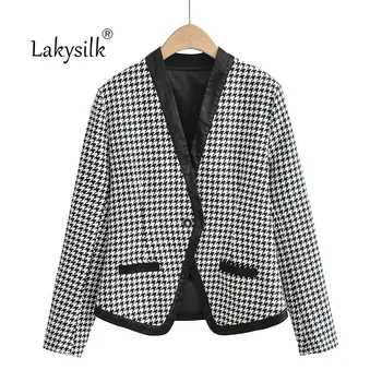 

2020 New Houndstooth Plaid Blazers Women Long Sleeve Single Button Suit With Pocket Office Ladies Autumn Winter Coat Female