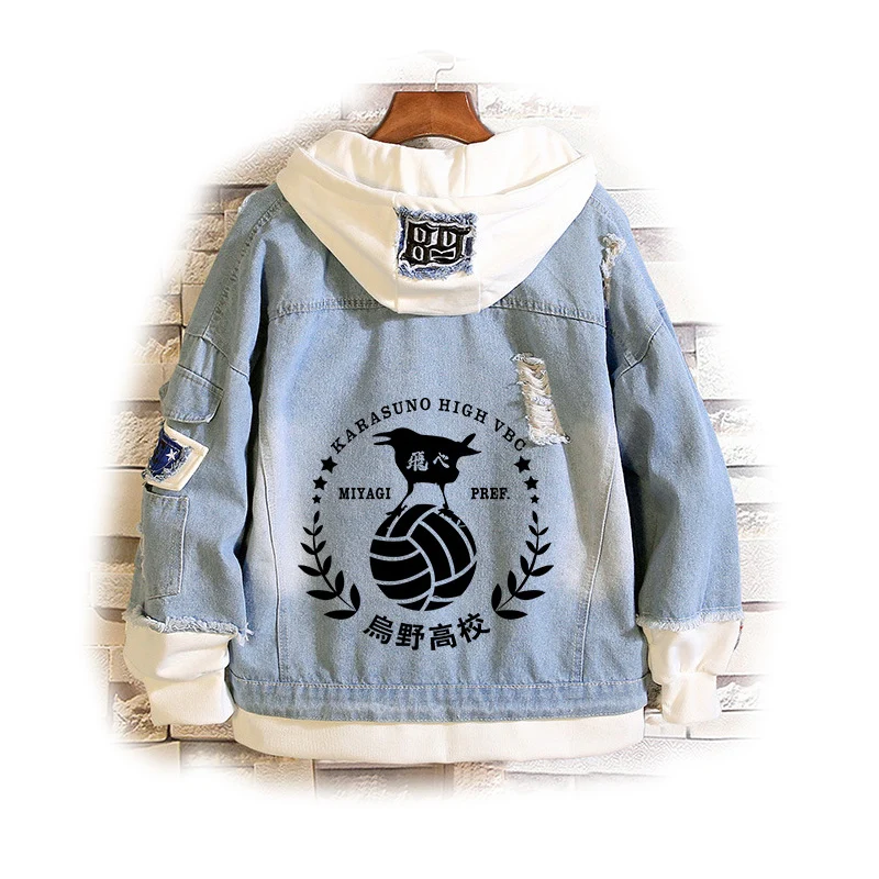 Haikyuu!! Denim Jacket Karasuno Volleyball Club Cosplay Coat Spring Autumn Ripped Hooded Sweater Hinata Shoyo Costume Outwear