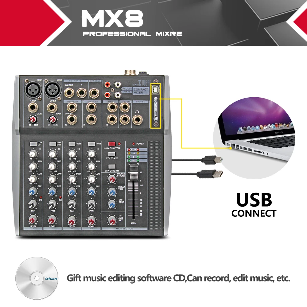 Professional Audio Mixer XTUGA MX8 8 Channels 3-Band EQ Audio Music Mixer Mixing Console With USB 48V Phantom Power for Recording DJ Studio Streaming Stage Karaoke 