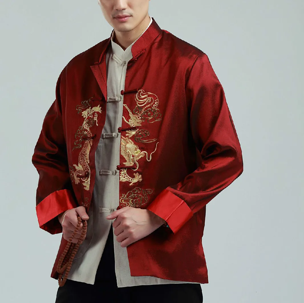 Мужская красная куртка китайский стиль вышивка дракон блузка Hanfu год пальто Сценический костюм топы Кунг Фу свободного размера плюс 3XL