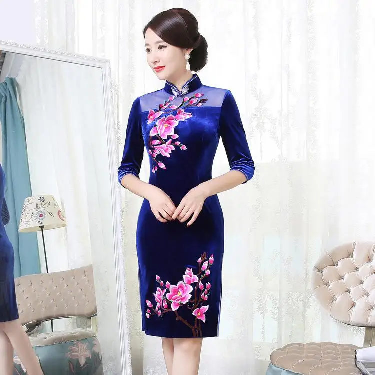 Традиционное Восточное китайское платье леди вышивка цветок Qipao платья рубашка с коротким рукавом Vestidos китайский женский халат со стоячим воротником, с цветочным принтом - Цвет: Blue B