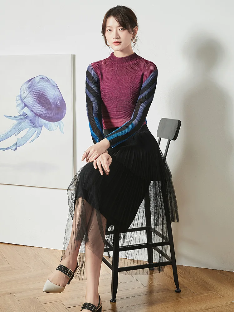 Issey fold новая полосатая цветная облегающая футболка с высоким воротником Женская Нижняя рубашка