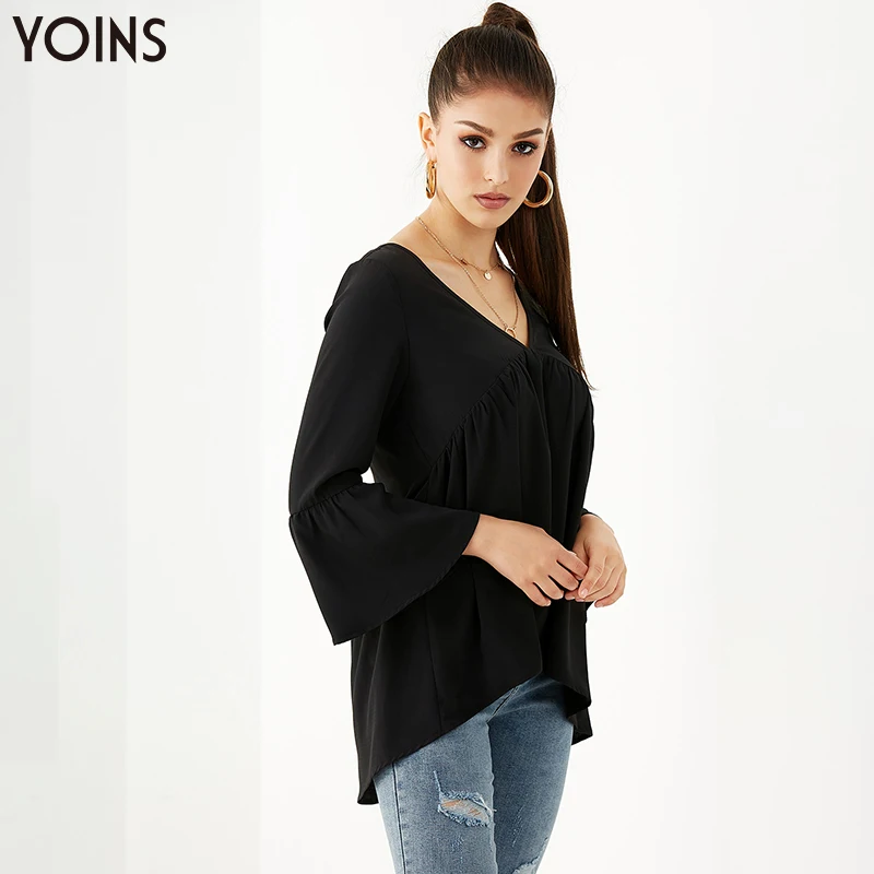 YOINS Весна-осень-зима блузка Для женщин на пуговице с v-образным вырезом на спине и Расклешенным рукавом Повседневное обычные блузки Для женщин топы черного цвета