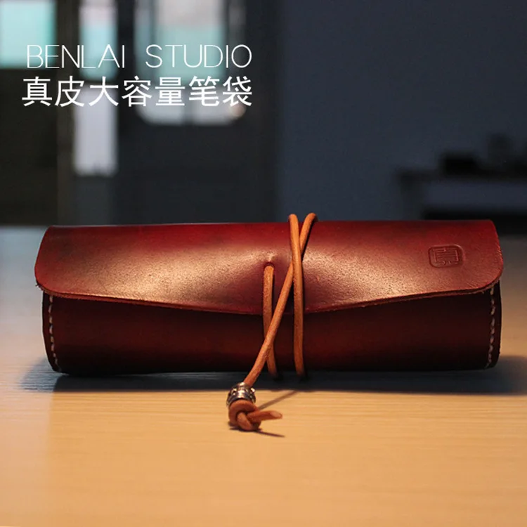 

Leather Pencil Case Handmade Sew Pure Leather Pen Simple Retro Pencil Case Storage Bag of Data Cable