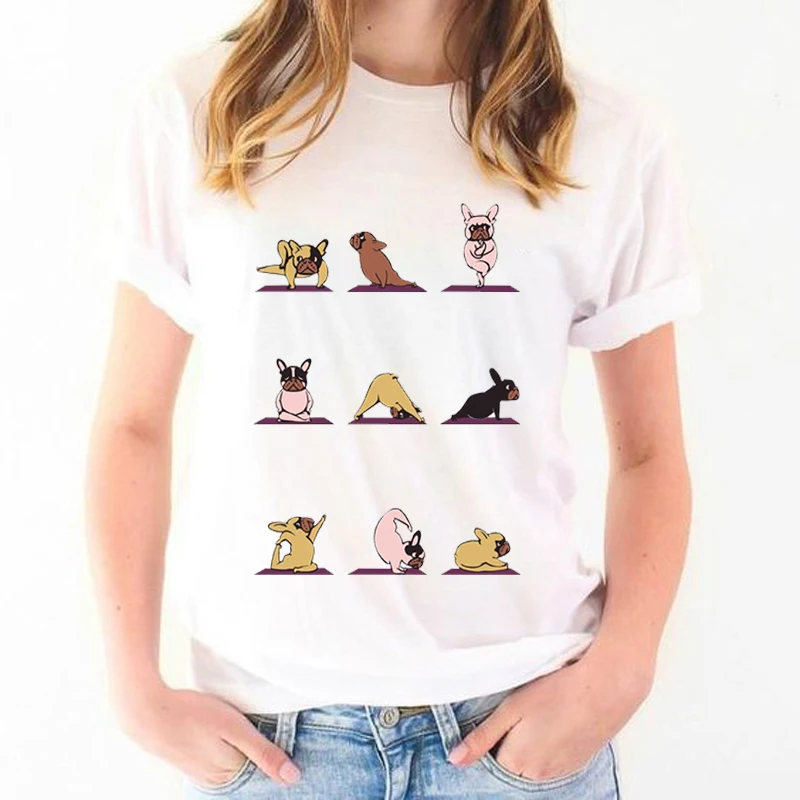 

KMOGOER Top Women Vogue French Bulldog T Shirt Short Sleeve Tee Shirt Femme Fashion Cotton&Polyester Funny T Shirts Women