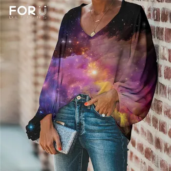 

FORUDESIGNS Large Size Blouse Casual Galaxy Blouse 2019 Loose Long Sleeve Shirt Tops Plus Size V-neck Female Clothing