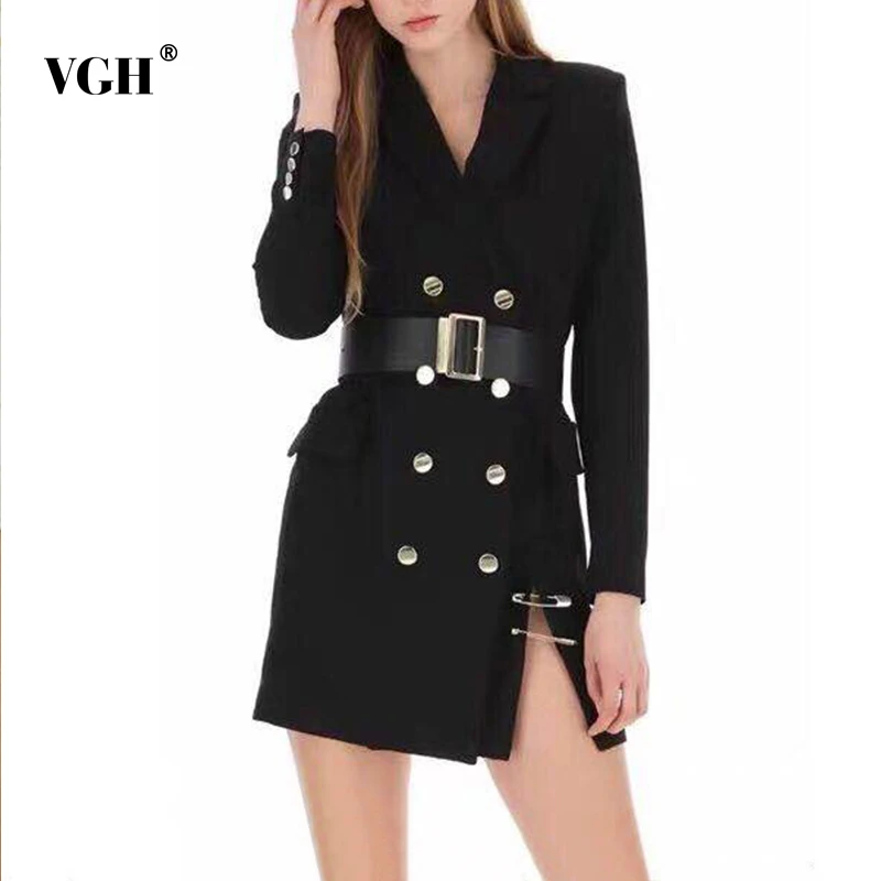 

VGH Korean Side Split Women's Dress V Neck Long Sleeve High Waist Sashes Casual Mini Dresses Female Autumn 2019 Fashion New