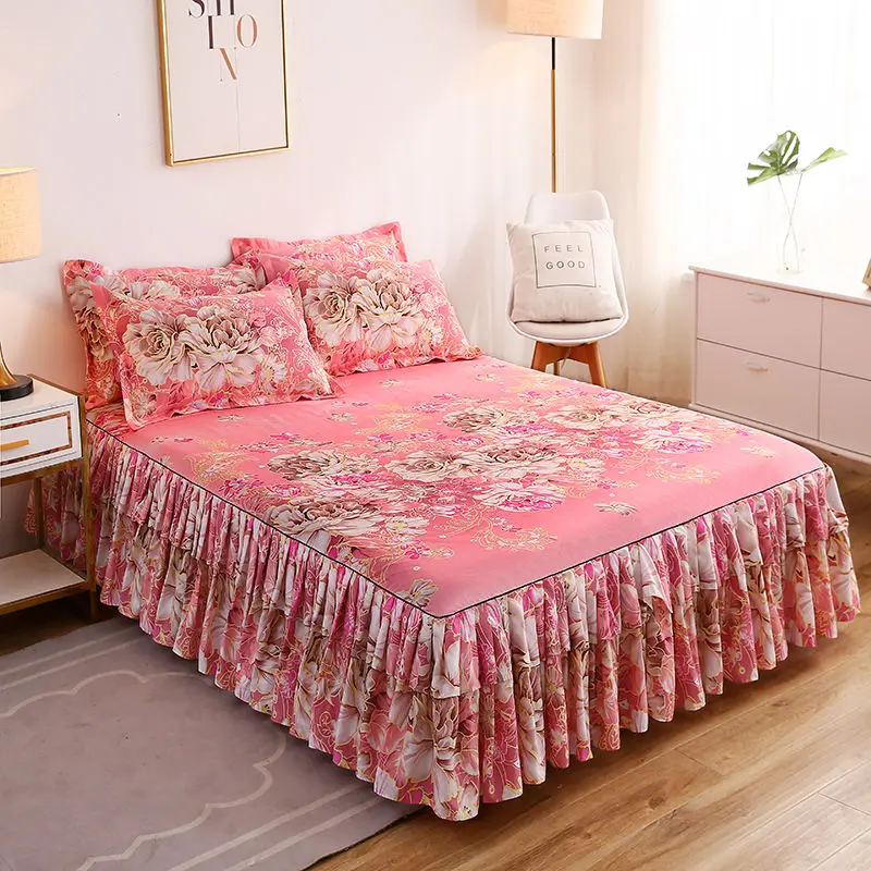 Jacquard Pink Bed Skirt Home Textile Bedding 3pcs/set(1bed Skirt + 2pcs