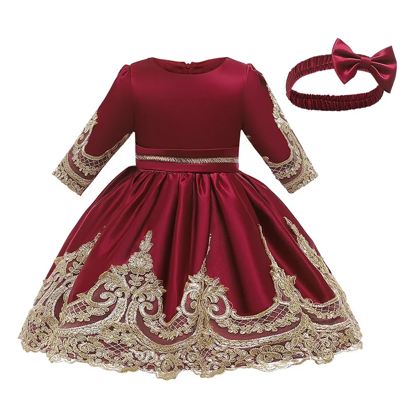 wine Red Платье для малышей с блестками; кружевное платье на крестины с цветочным рисунком; Одежда для новорожденных; праздничный костюм принцессы на день рождения для маленьких девочек - Цвет: wine Red