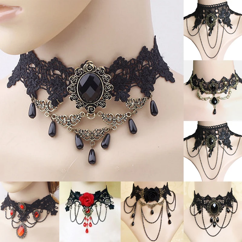 Gothic Vampire Jewelry Set - Black Lace Choker with Red Rhinestone