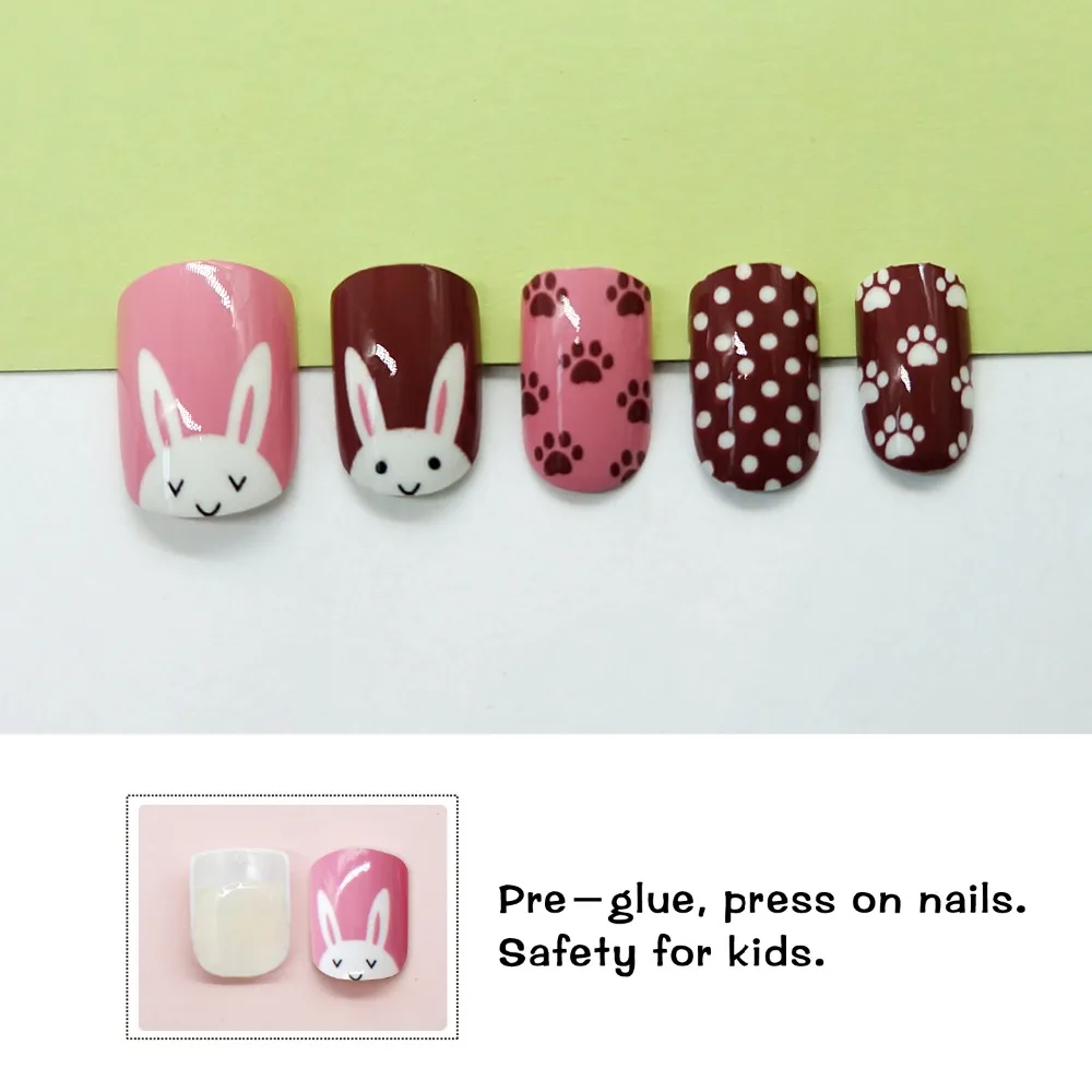 24 шт., накладные ногти, предварительно склеенные, с милым Кроликом, безопасные, прессованные, накладные ногти ABS, для девочек, детей, женщин, сделай сам, дизайн ногтей