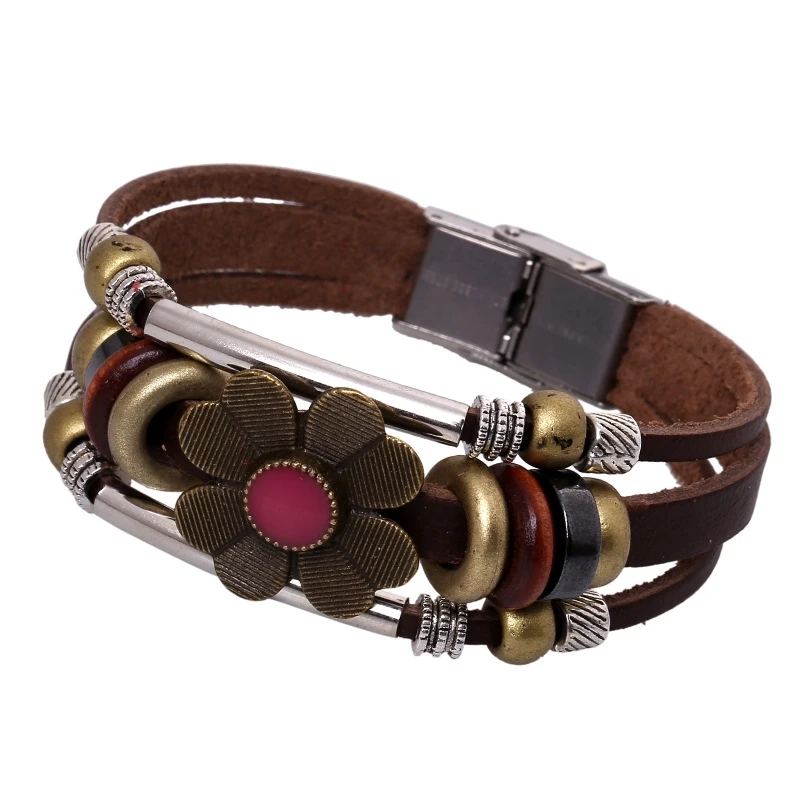 

2019 New Beaded Stainless Steel Buckle Leather Bracelet Adjustable Length Retro Handmade Flower Bracelets Fashion Jewelry