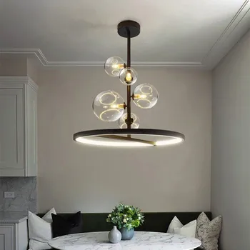 

Creative Dining Room LED Chandelier Modern Black Restaurant Coffee Shop Deco Pendant Lamp Bar Glass Ball Round Hanging Light