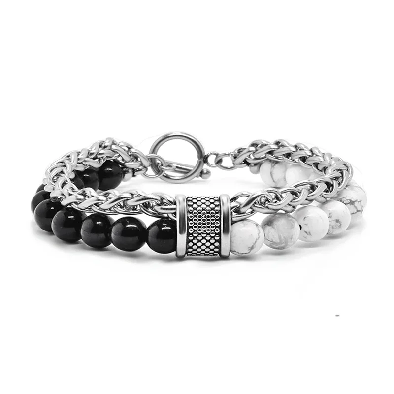 natural stone tiger eye beads bracelet men's chain on hand stainless steel bracelet male Steampunk hip hop luxury wholesale