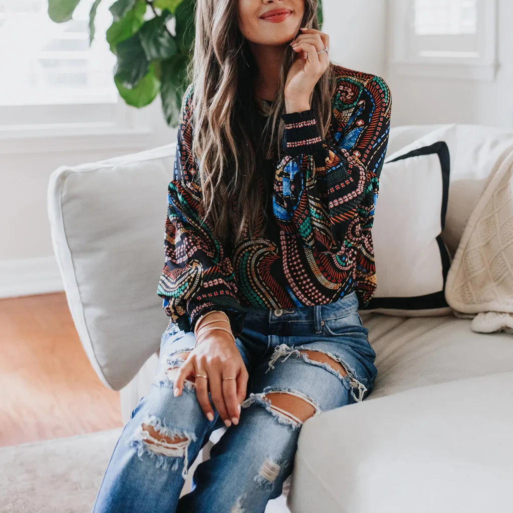 Женская блузка, сексуальный винтажный пуловер с длинными рукавами и круглым вырезом, элегантные топы на осень и зиму, модная повседневная одежда# A