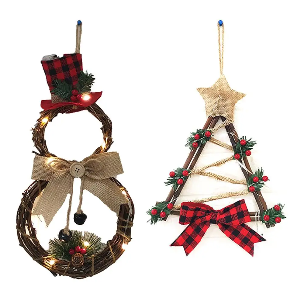 

LED Xmas Door Wreath Hanging Pendants Wall Ornament Bow Snowman Tree Pattern Kids Present Home Decoration Christmas Party New Ye