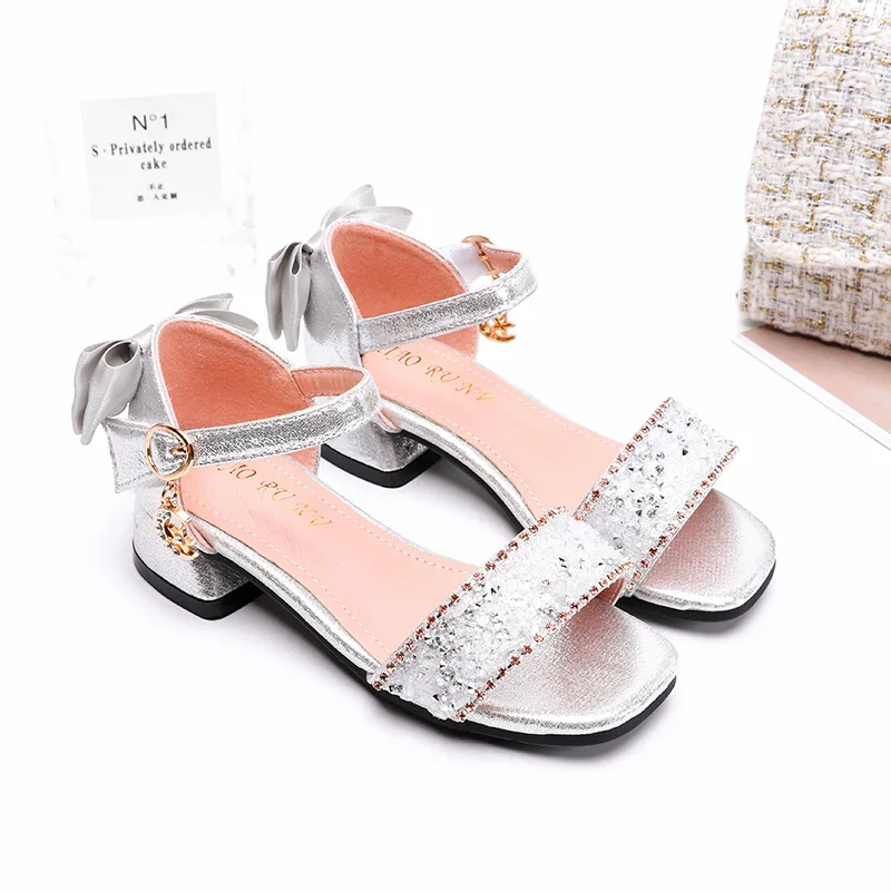 2020 New Fashion Children Bowtie Rhinestone Sequins Sandals Princess Girls Kids Leather Soft Bottom 3 4 5 6 7 8 9 10 11 12 Years