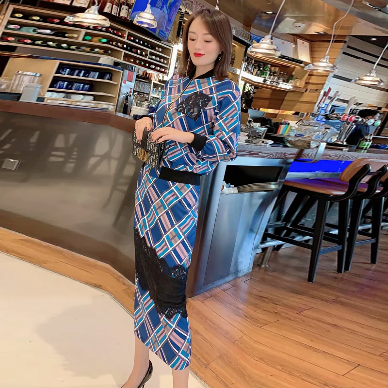 New Fashion High Quality Baseball Jersey Plaid Top Lace Stitching Pencil Half Skirt Vintage Elegant Chic Work Party Women'S Sets
