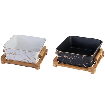 

2Pcs European Marble Pattern Ceramics Square Fruit Salad Bowl Home Tableware Fruit Plate/Snack - White & Black