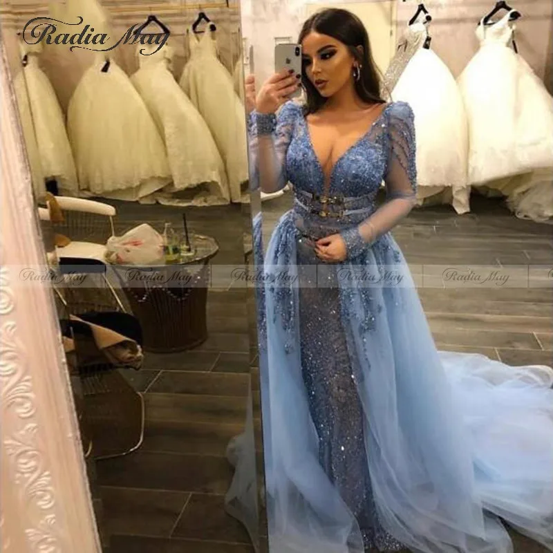 Arabic Detachable Skirt Lace Mermaid Evening Dress Long Sleeves Luxury Crystal Beaded Prom Gowns V Neck Dubai Formal Dresses