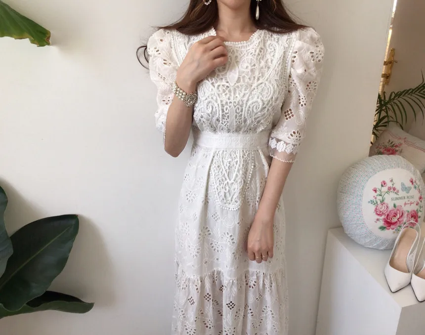 Hdab010ff94ea45fdba5f410e2fedbdcfG - Summer Korean O-Neck Half Sleeves High Waist Lace Hook Flowers Hollow Out Midi Dress