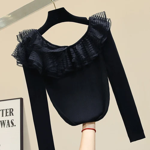Черный Тонкий свитер Blusas Женская Осенняя одежда новая трикотажная рубашка женская длинный рукав кружева оборки сшивание с плеча джемпер леди - Цвет: Черный