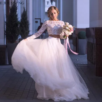 

E JUE SHUNG White Lace Two Pieces Boho Wedding Dresses Long Sleeves Beach Bride Dresses Wedding Bridal Gowns