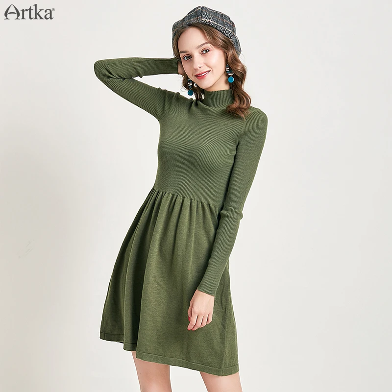 ARTKA Осень Зима Новое Женское платье Элегантное Однотонное шерстяное вязаное платье Водолазка с длинным рукавом женское платье LB15099Q