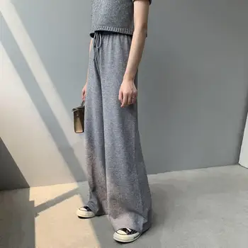 

2019 Autumn Casual High Waist Wide Leg Pants Winter Solid Color Straight Knitted Pants Loose Trousers