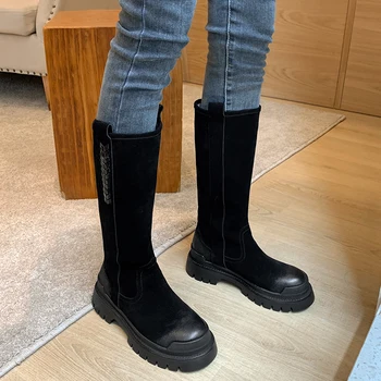 

Women's natural suede leather platform flats knee high winter snow boots round toe casual long winter black cold winter shoes