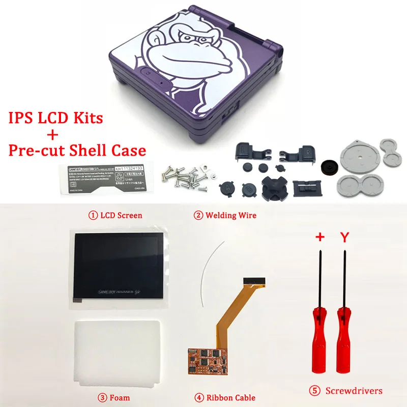 Purple KingKong Ips комплекты ЖК-экранов с предварительно вырезанной оболочкой для GBA SP ips lcd V2 подсветка экрана с оболочкой чехол для консоли GBASP корпус с кнопками - Цвет: Purple KingKong