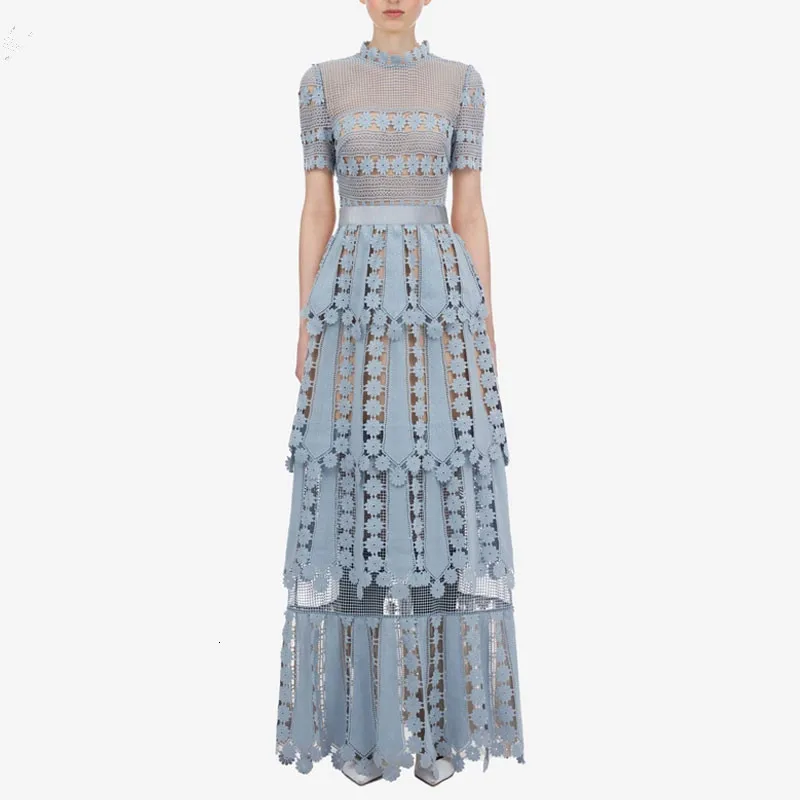 

High Quality Lace Maxi Dress 2019 Autumn Women See Through Short Sleeve Tunic Long Dress Evening Party Elegant Dress
