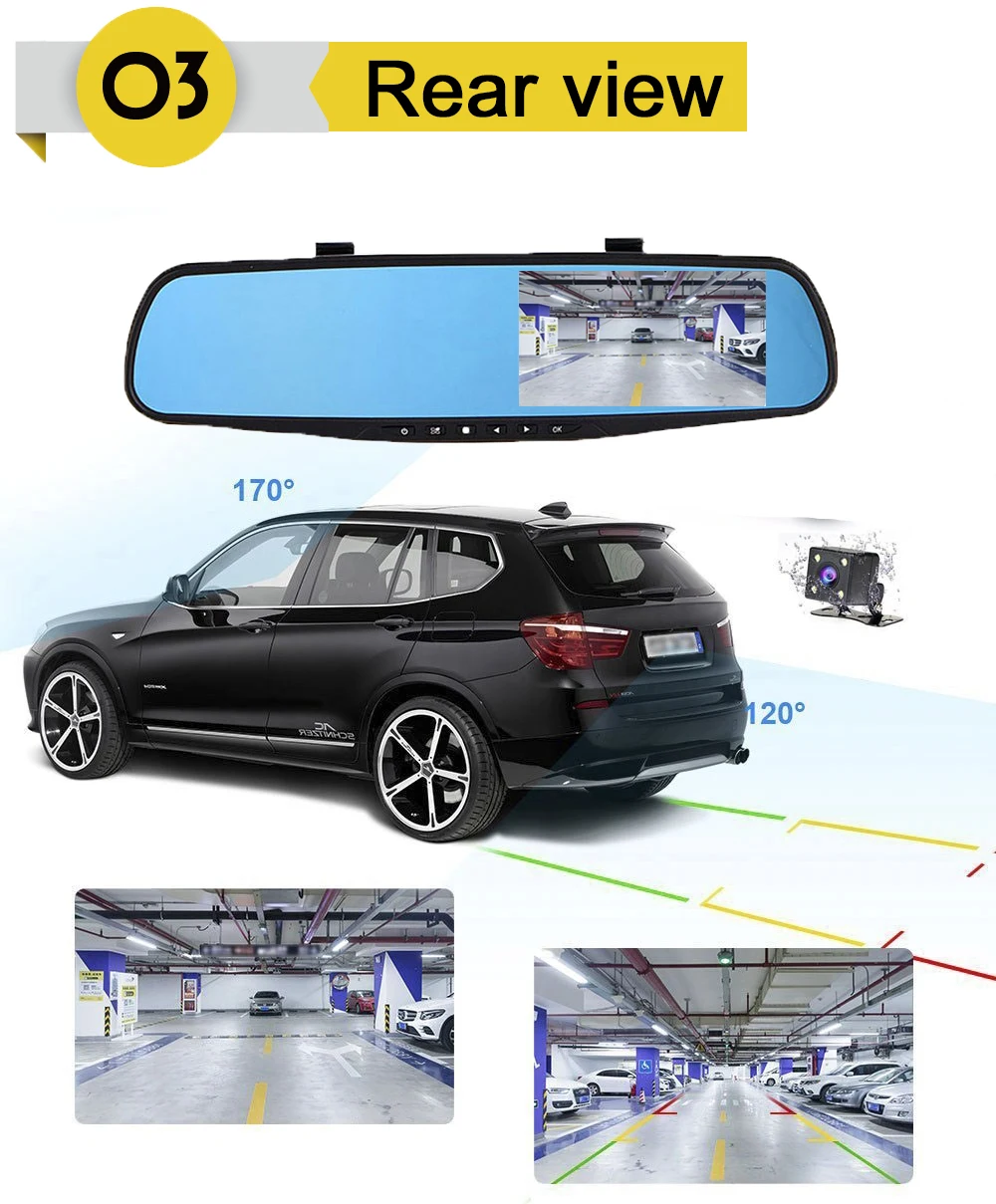 4,3 дюймов Full HD 1080p Автомобильное зеркало заднего вида Автомобильный видеорегистратор с двумя линзами Автомобильный видеорегистратор для вождения автомобиля Автомобильная камера заднего вида